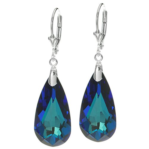Dreambell Bermuda Blue Swarovski Elements Teardrop Crystals 925 Sterling Silver Leverback Dangle Earrings