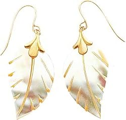 14K Gold Mother of Pearl Leaf Dangle Earrings New