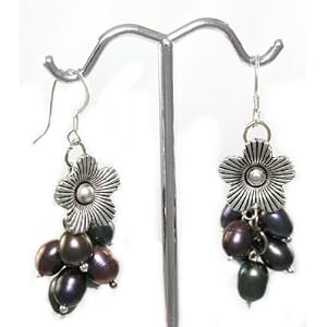 Beautiful Genuine Freshwater Peacock Pearl and Flower Cluster Earrings on 925 Sterling Silver Hooks...