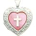 SS Pink Mother of Pearl Cross Heart Locket 26mm