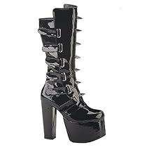 TORMENT-802, 5 1/2' Metal Spiked Tongue Blk Pat Knee Boot