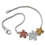 925 Silver Three Plumeria w/ Rope Bracelet Hawaiian Jewelry