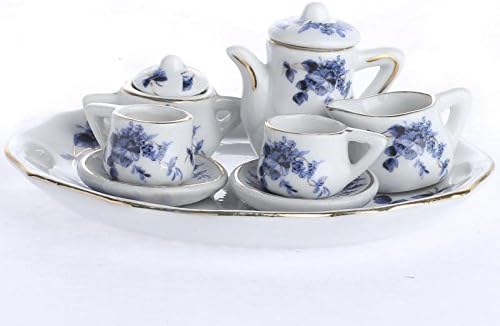Gold Rimmed Blue Floral Pattern Ceramic Miniature Tea for Two Set for Tiny Tea Parties, Displays and Creating