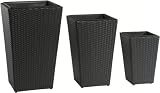 Gartenfreude 4000-1018-002 Pflanzgefäße Polyrattan, 3-er Set, schwarz, 46 x 46 x 68 cm, 37 x 37 x 57 cm, 28 x 28 x 40 cm, mit wasserdichtem Kunststoffeinsatz