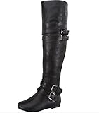 Women's Thigh High Dual Buckle Fold Over Boots in Taupe, Cognac, Tan, Black (8.5, Black)