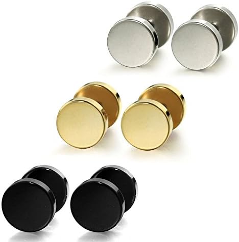 BestJy Stainless Steel Mens Womens Stud Earrings Ear Plugs Tunnel 3 Pairs