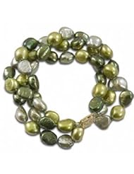 14K 9-10mm dyed multi green baroque freshwater cultured pearl three strand bracelet, 7.5"