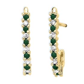 10K Yellow Gold 0.12 ct. Diamond with Alternating 1/5 ct. Emerald J-Hoop Earrings