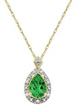 10k Yellow Gold, May Birthstone, Lab Created Emerald and Diamond Pear Shaped Pendant