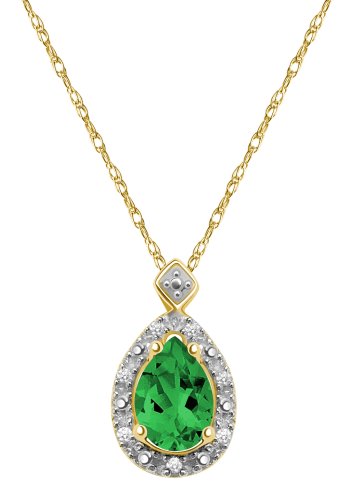 10k Yellow Gold, May Birthstone, Lab Created Emerald and Diamond Pear Shaped Pendant
