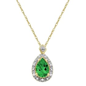 10k Yellow Gold, May Birthstone, Lab Created Emerald and Diamond Pear Shaped Pendant by Emerald
