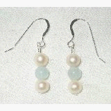 Soft And Feminine Genuine Grade A Aquamarine & Akoya Cultured Pearl Sterling Silver Dangle Earrings 6 - 6.5mm Saltwater Pearls