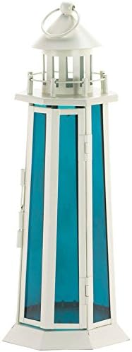 Lighthouse Candle Lantern With Ocean Blue Glass-2pack