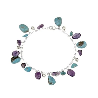 Sterling Silver Bracelet with Turquoise, Amethyst and Sterling Silver Bead Drops, 7.5