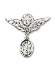 Sterling Silver Baby Badge with Our Lady of Mercy Charm and Angel with Wings Badge Pin