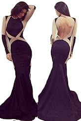 Sexy Flared-Skirt Mermaid Cocktail Polyester/Spandex Two-Toned Long Sleeves Cutout Illusion Mesh Lace Evening Dress 