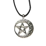 Wiccan Pentagram on Moon for Stability Pendant with Black Corded Necklace