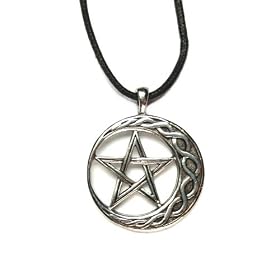 Wiccan Pentagram on Moon for Stability Pendant with Black Corded Necklace