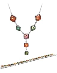Multicolor Amber Sterling Silver Square Set Bracelet Necklace 18 Inches
