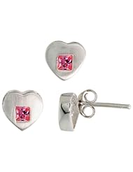 Sterling Silver Matte-finish Heart Earrings (8mm tall) & Pendant Slide (9mm tall) Set, w/ Princess Cut Pink Tourmaline-colored CZ Stones