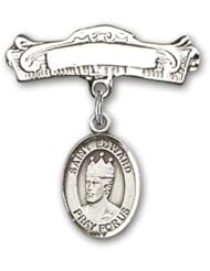 Sterling Silver Baby Badge with St. Edward the Confessor Charm and Arched Polished Badge Pin