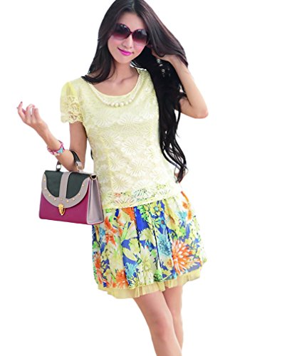 (ディーコッテ)D'Kotte 花柄 切り替え フレア ワンピース 半袖 レース ひざ 丈 カジュアル 春 夏 ドレス レディース ワンピ neay075