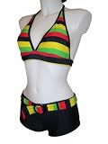 Womens MW Halter Boyshorts Swimsuit, Two Piece Swimwear Bikini, Rainbow with Black