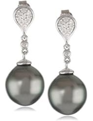 10k White Gold 9-9.5mm Tahitian Cultured Pearl and Diamond Earrings (0.1 cttw, G-H Color, I2-I3 Clarity)