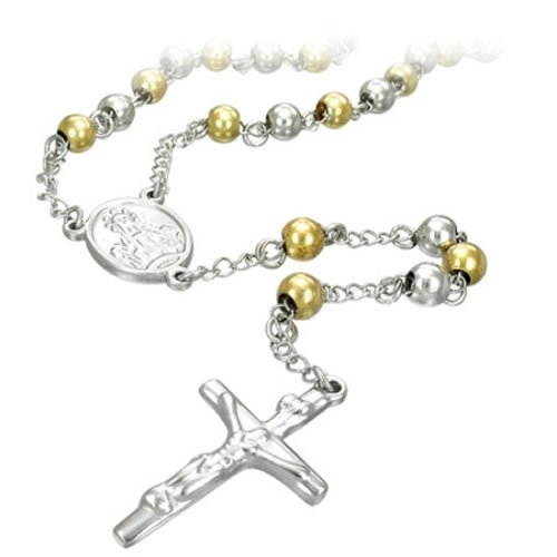 Stainless Steel Rosary Chain Necklace with Gold PVD Beads and Steel Cross (26