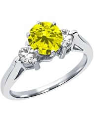 0.65 Ct Round Natural Canary Diamond 18K White Gold 3-Stone Ring