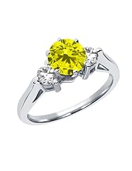 0.65 Ct Round Natural Canary Diamond 18K White Gold 3-Stone Ring