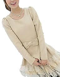 Puff Sleeves Above the Knee Lace Chiffon/Wool Mini Dress 