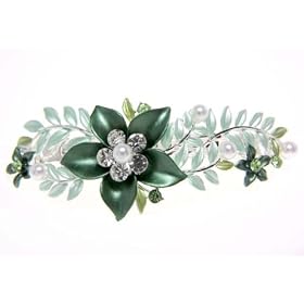 Green Flower Leaf Blossom Crystal Hair Clip Barrette Jewelry