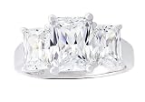 Platinum Plated Sterling Silver Cubic Zirconia Emerald-Cut Three-Stone Cubic Zirconia Ring, Size 7