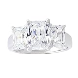 Platinum Plated Sterling Silver Cubic Zirconia Emerald-Cut Three-Stone Cubic Zirconia Ring, Size 7