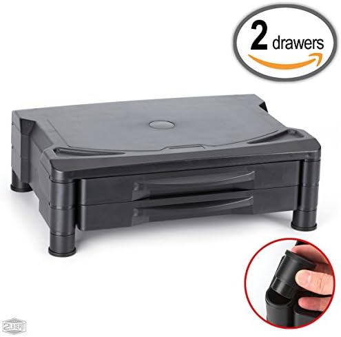 Adjustable Monitor Stand / Riser with Two Drawers, Adjusts to 2 Heights, 15.5" x 11.5" for LCD Flat Screen TV, Fax, Printer, Video Game, Xbox, PS4. Desk Stand Reduces Neck Strain Ergonomic Workstation