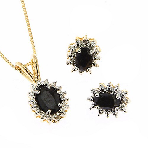 Sterling Silver Vermeil Genuine Sapphire and Diamond Pendant Necklace and Earrings Set