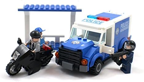 Armoured Police Truck and Black Motorcycle with Minifigures - Building Block Toy