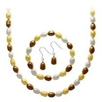 Sterling Silver Freshwater Cultured Multi Color Pearl Necklace, Bracelet Earring Jewelry Set