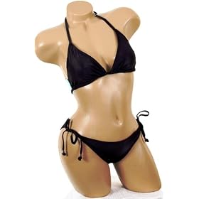 Cute Sexy Solid Black Triangle Top with Tie Side String Bikini Two Piece Swimsuit Set
