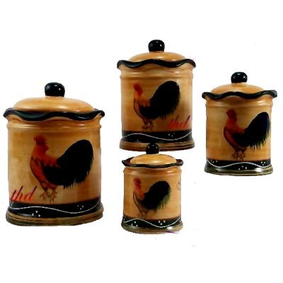 4PC CANISTER SET, COOKIE JAR COUNTRY ROOSTER DECOR