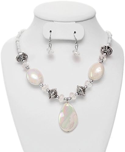 White Iridescent Beaded Shell Necklace Earrings Set