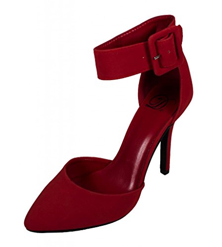 Delicious Women's Aveta Pointy Toe High Heel Pump with Ankle Strap Buckle in Red Nubuck Leatherette