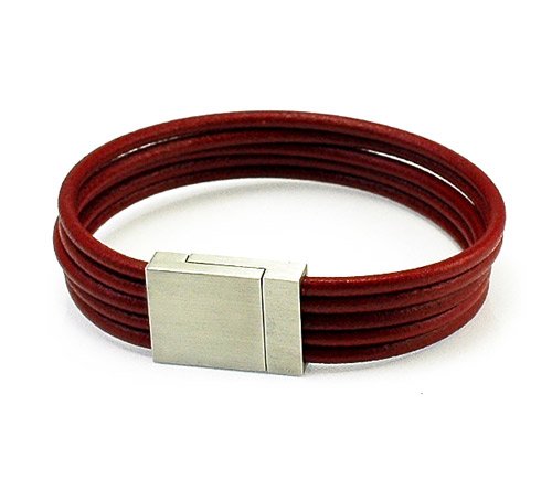 Dark Red Five-Cord Leather Bracelet With Stainless Steel Magnetic Clasp