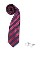 SILVIO SILVANI Pack Corbata Con Rayas Azul Marino Y Burdeos + Gemelos Con Piedra Blanca