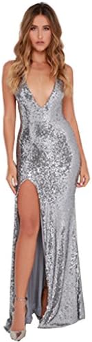 Myloo Women's Sequined Deep V Neck Slit Bodycon Long Maxi Party Dress Silver 16 US