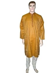 Golden Silk Cotton Embroidered Kurta Pajama XXL Chest 50 Inch