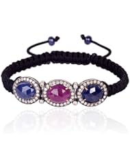 Diamond Pave Ruby & Sapphire Charm Silver Handmade Macrame Stretch Bracelet