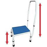 AdjustaStep(tm) Deluxe Step Stool/Footstool with Handle/Handrail, Height Adjustable. 2 products in 1. Modern white/blue design. New for 2016.