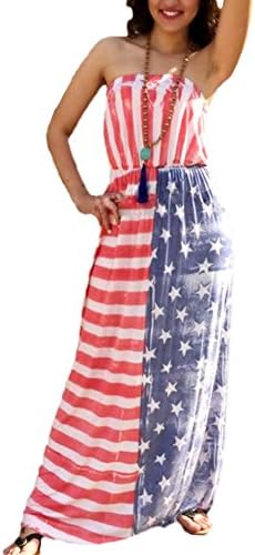 Misslin Women's A Line Summer American Flag Printed Long Dress XL Red Blue